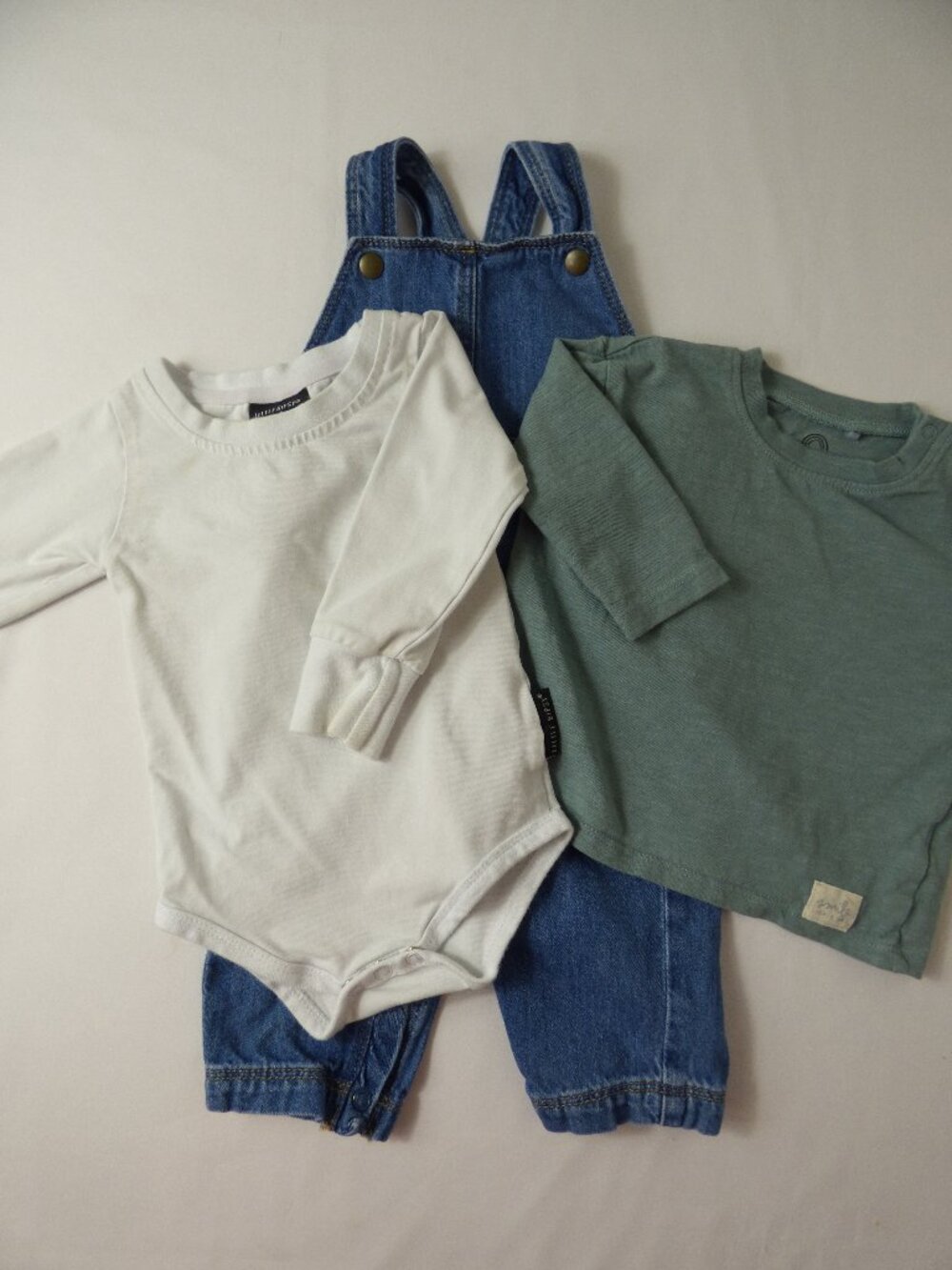 M&S Denim Overalls, Little Bipsy Onesie, & Next Baby Green T-Shirt Set